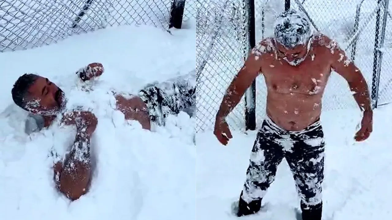 Eksi 15 derecede kar banyosu! Dondurucu soğuğa aldırmadı