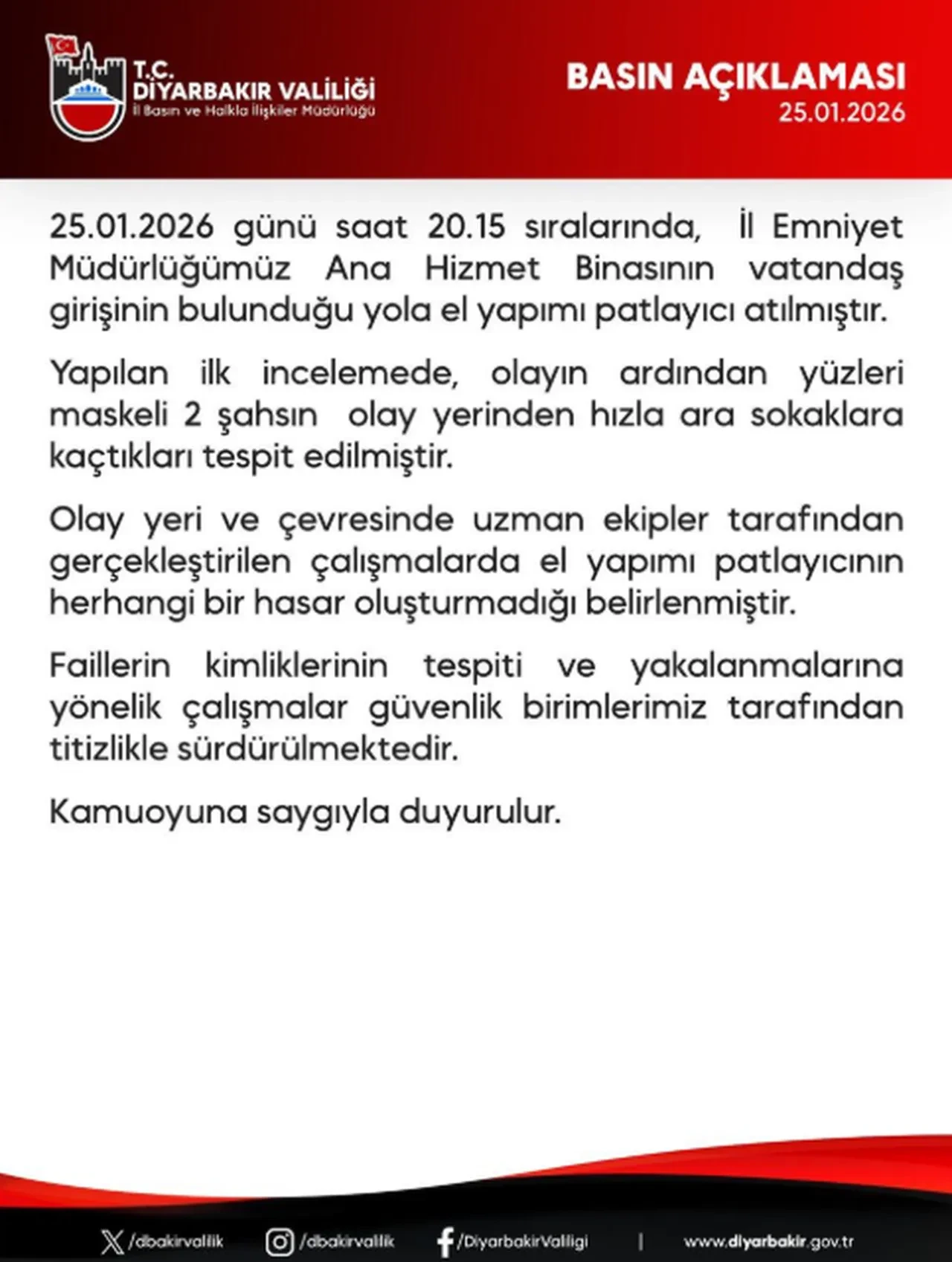 Diyarbakır'da İl Emniyet Müdürlüğü'ne EYP'li saldırı girişimi: Maskeli 2 kişi aranıyor
