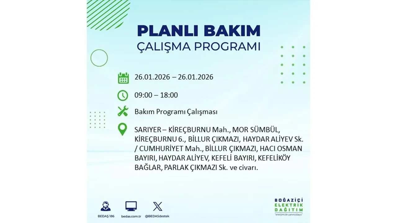 İstanbul’da planlı elektrik kesintileri başladı! Hangi ilçede elektrikler ne zaman gidecek-gelecek? İşte BEDAŞ 26 Ocak çalışma tablosu