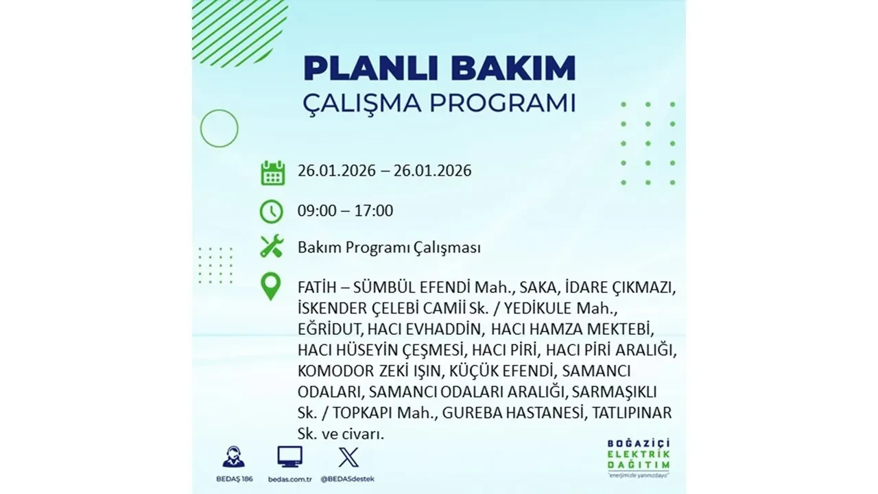 İstanbul’da planlı elektrik kesintileri başladı! Hangi ilçede elektrikler ne zaman gidecek-gelecek? İşte BEDAŞ 26 Ocak çalışma tablosu
