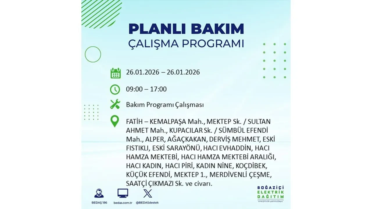 İstanbul’da planlı elektrik kesintileri başladı! Hangi ilçede elektrikler ne zaman gidecek-gelecek? İşte BEDAŞ 26 Ocak çalışma tablosu