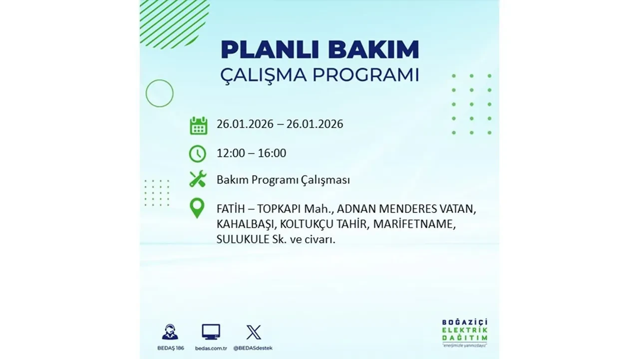 İstanbul’da planlı elektrik kesintileri başladı! Hangi ilçede elektrikler ne zaman gidecek-gelecek? İşte BEDAŞ 26 Ocak çalışma tablosu