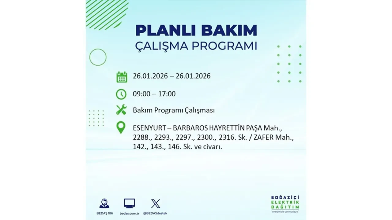 İstanbul’da planlı elektrik kesintileri başladı! Hangi ilçede elektrikler ne zaman gidecek-gelecek? İşte BEDAŞ 26 Ocak çalışma tablosu