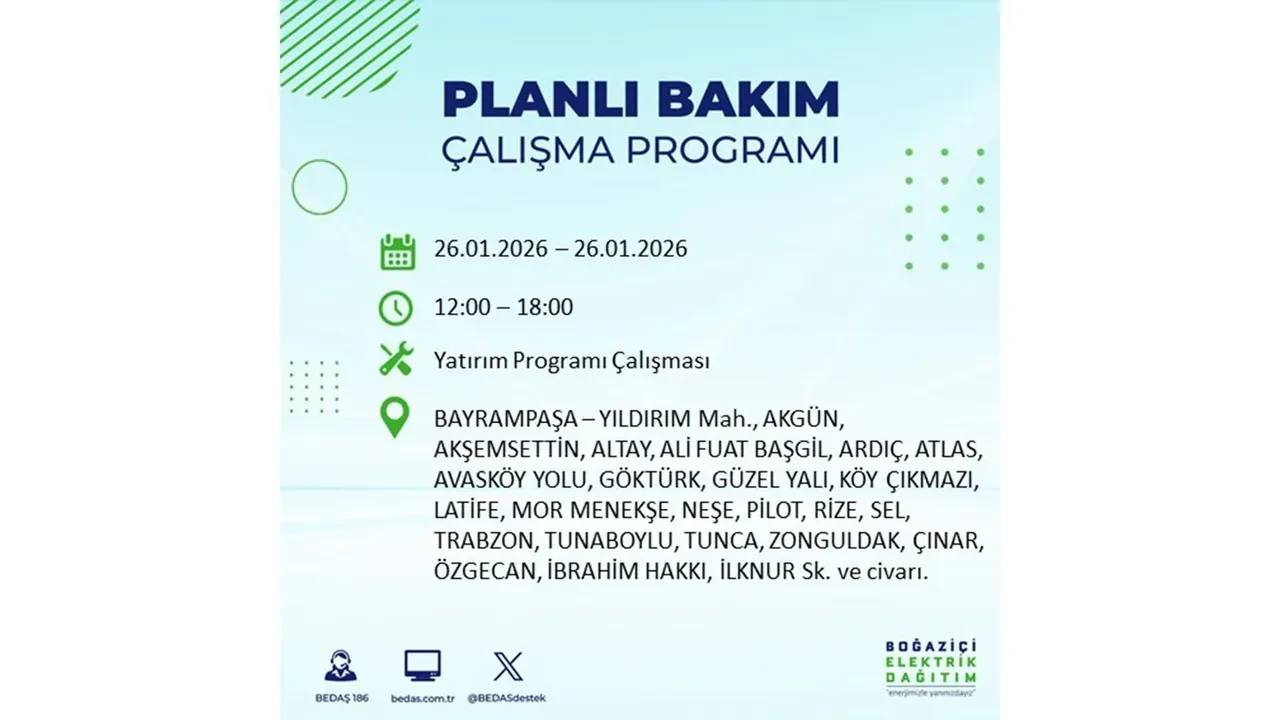 İstanbul’da planlı elektrik kesintileri başladı! Hangi ilçede elektrikler ne zaman gidecek-gelecek? İşte BEDAŞ 26 Ocak çalışma tablosu