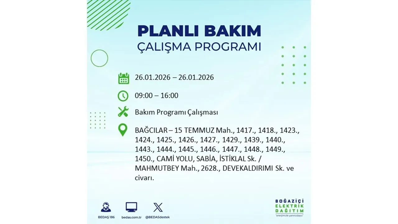 İstanbul’da planlı elektrik kesintileri başladı! Hangi ilçede elektrikler ne zaman gidecek-gelecek? İşte BEDAŞ 26 Ocak çalışma tablosu
