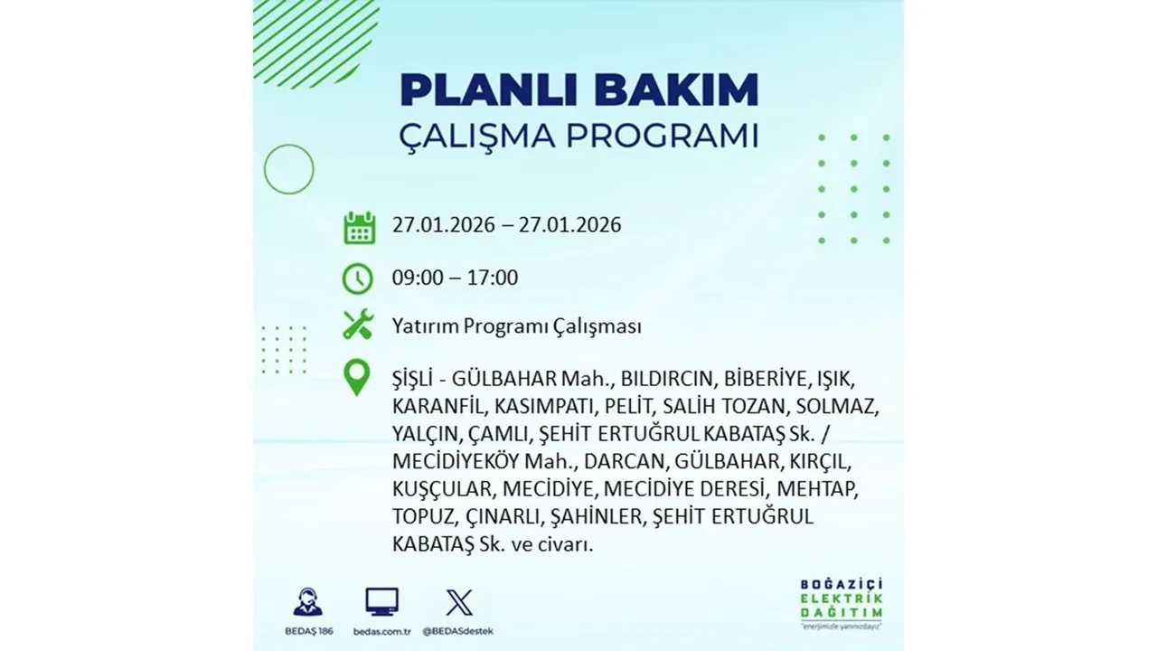 27 Ocak İstanbul elektrik kesintileri açıklaması! 24 ilçede planlı elektrik kesintisi uygulanacak, elektrikler saatlerce gelmeyecek