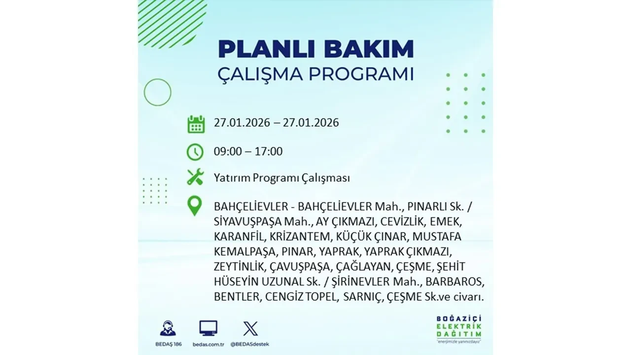 27 Ocak İstanbul elektrik kesintileri açıklaması! 24 ilçede planlı elektrik kesintisi uygulanacak, elektrikler saatlerce gelmeyecek