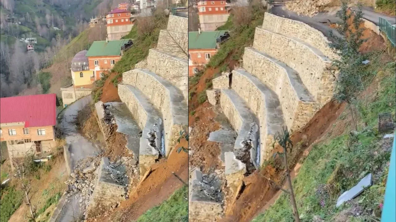 Rize'de istinat duvarı çöktü! Mahalle yolu kapandı, evler tahliye edildi
