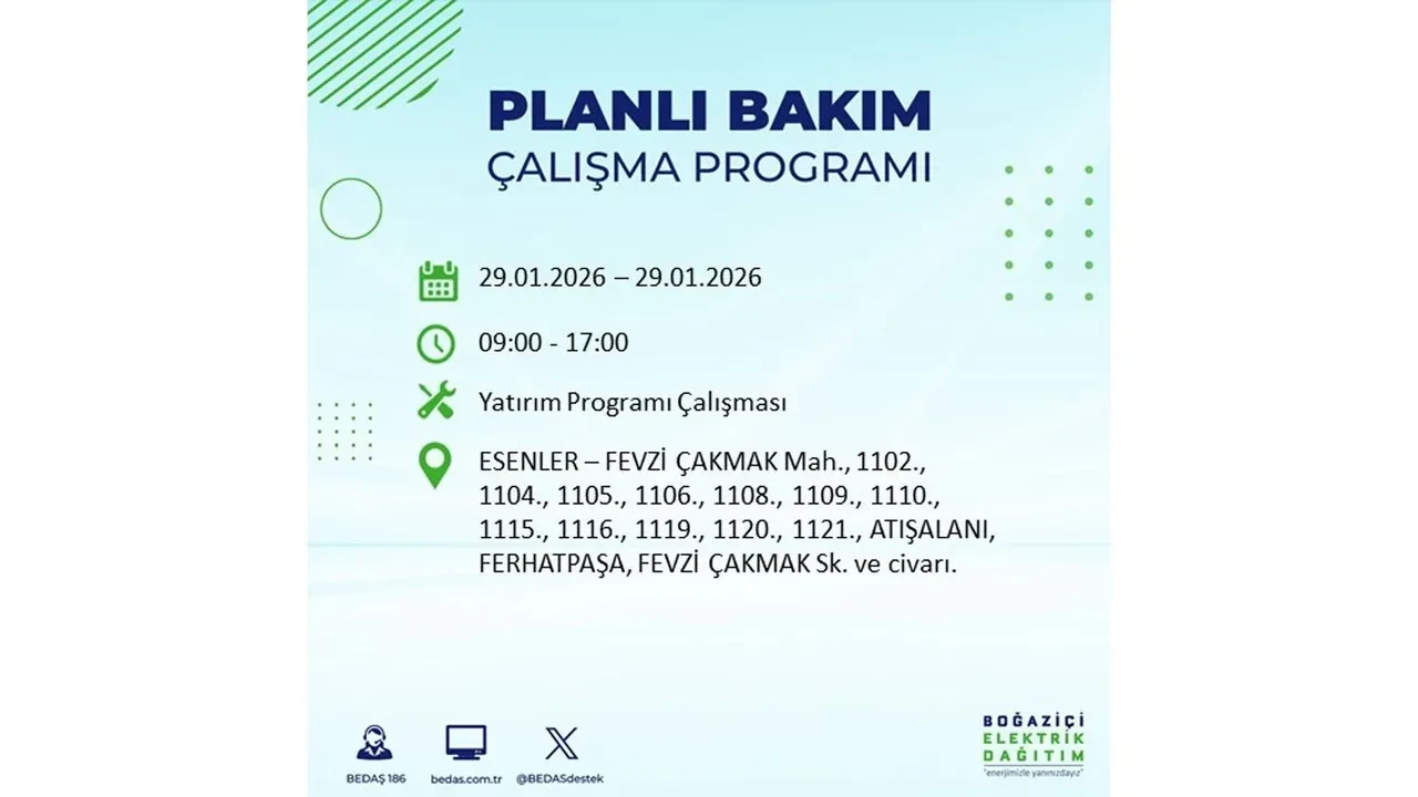 29 Ocak İstanbul elektrik kesintileri tablosu! 18 ilçede planlı elektrik kesintisi uygulanacak, saatlerce enerji verilmeyecek