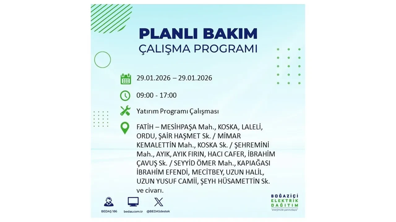 29 Ocak İstanbul elektrik kesintileri tablosu! 18 ilçede planlı elektrik kesintisi uygulanacak, saatlerce enerji verilmeyecek