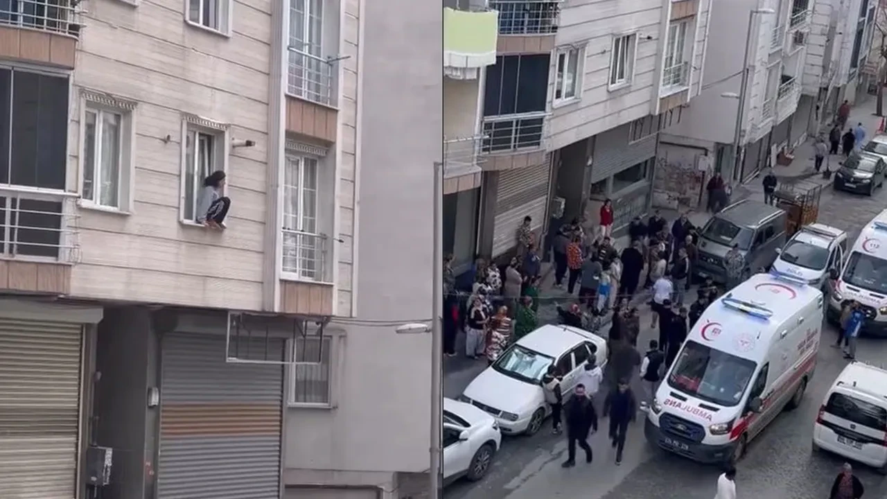 Kocasının eve kilitlediği kadın kendini camdan aşağı attı! Komşuları olayı anbean kameraya çekti