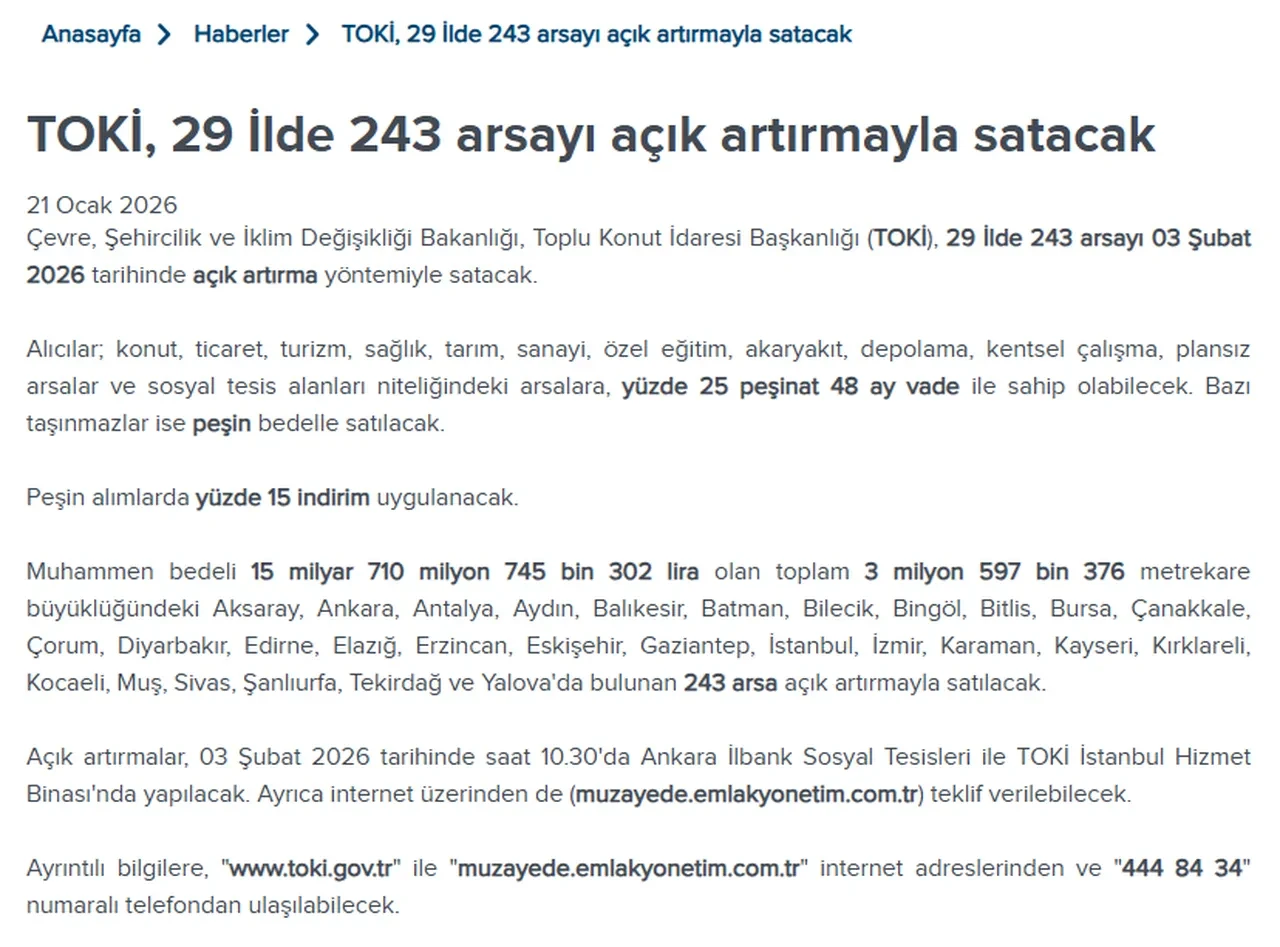 TOKİ arsa satışı başvuru ekranı 2026! TOKİ arsa başvuruları nasıl yapılır, açık artırma ne zaman? İşte ödeme planı