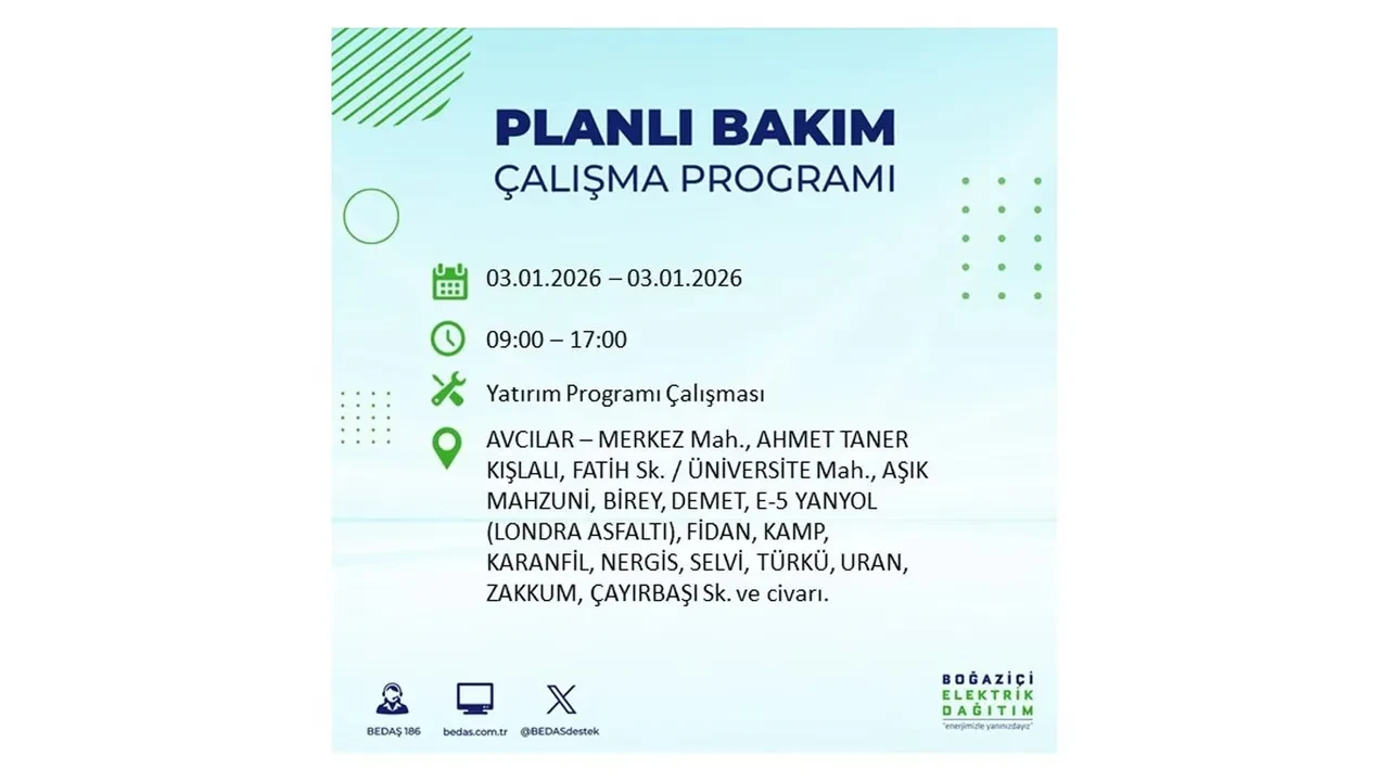 3 Ocak 2026 İstanbul elektrik kesintileri rehberi || Bugün İstanbul’da 8 ilçede planlı elektrik kesintisi uygulanacak