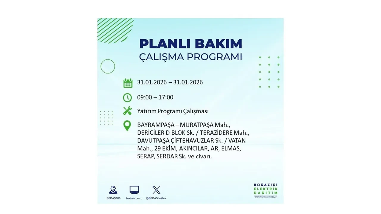 31 Ocak İstanbul elektrik kesintileri açıklaması! BEDAŞ duyurdu: 16 ilçede planlı elektrik kesintisi uygulanacak
