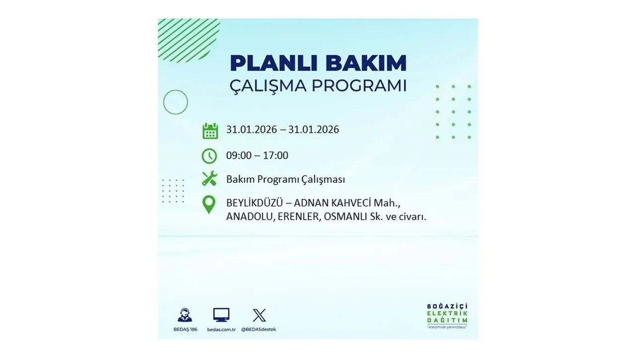 31 Ocak İstanbul elektrik kesintileri açıklaması! BEDAŞ duyurdu: 16 ilçede planlı elektrik kesintisi uygulanacak