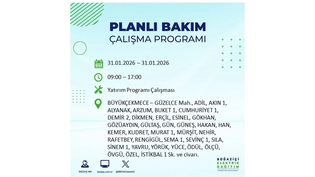 31 Ocak İstanbul elektrik kesintileri açıklaması! BEDAŞ duyurdu: 16 ilçede planlı elektrik kesintisi uygulanacak