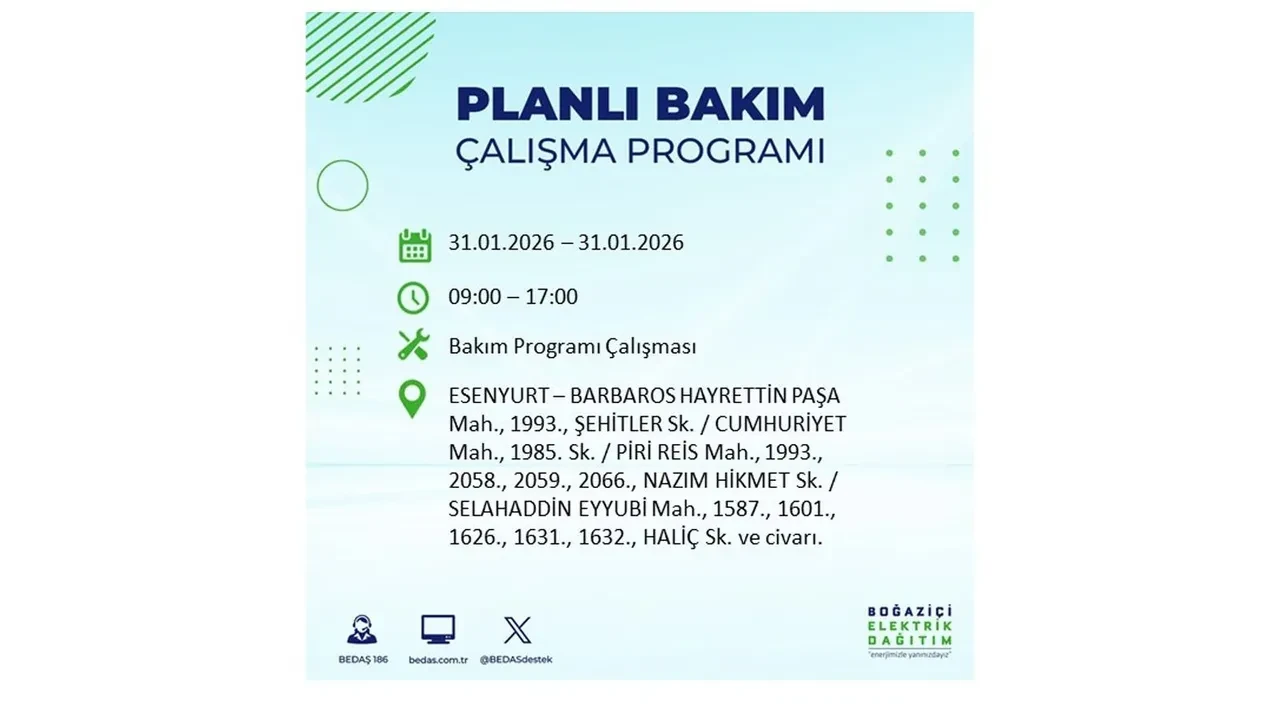 31 Ocak İstanbul elektrik kesintileri açıklaması! BEDAŞ duyurdu: 16 ilçede planlı elektrik kesintisi uygulanacak