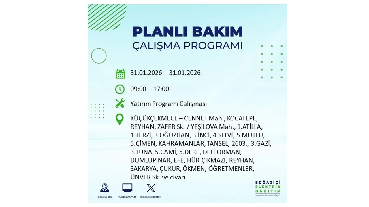 31 Ocak İstanbul elektrik kesintileri açıklaması! BEDAŞ duyurdu: 16 ilçede planlı elektrik kesintisi uygulanacak