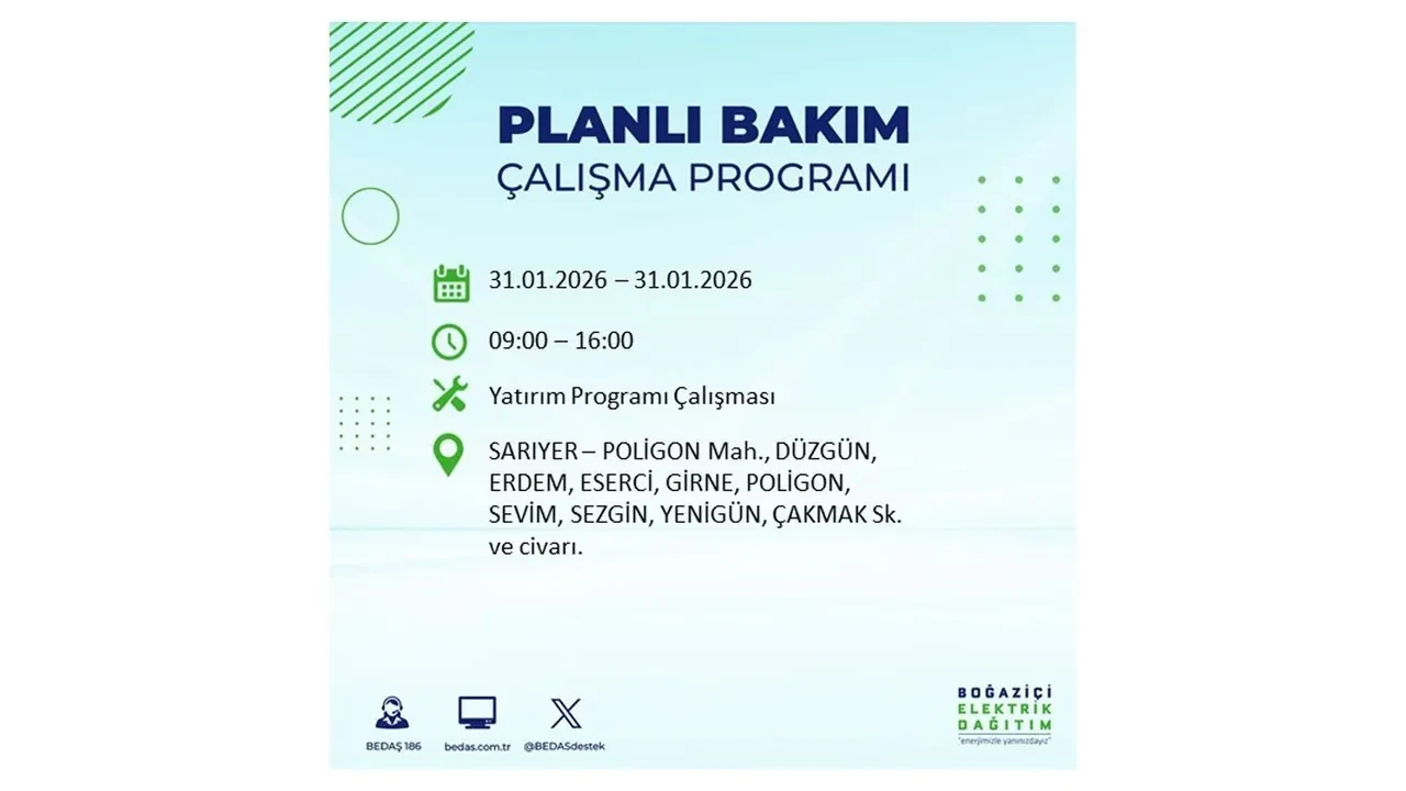 31 Ocak İstanbul elektrik kesintileri açıklaması! BEDAŞ duyurdu: 16 ilçede planlı elektrik kesintisi uygulanacak