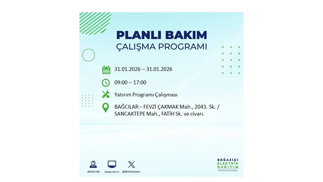 31 Ocak İstanbul elektrik kesintileri açıklaması! BEDAŞ duyurdu: 16 ilçede planlı elektrik kesintisi uygulanacak