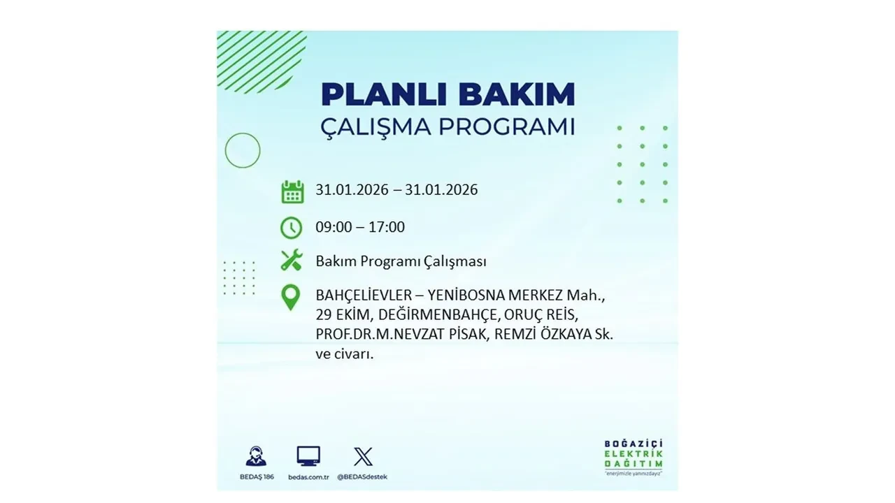 31 Ocak İstanbul elektrik kesintileri açıklaması! BEDAŞ duyurdu: 16 ilçede planlı elektrik kesintisi uygulanacak