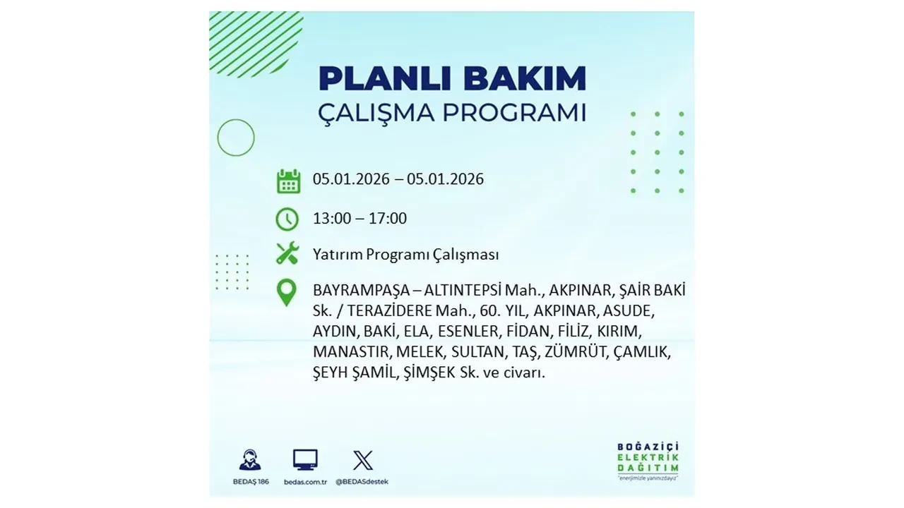 5 Ocak 2026 İstanbul elektrik kesintileri || Kent genelinde 11 ilçede planlı elektrik kesintisi uygulanacak: İstanbul’da elektrikler ne zaman gelecek?