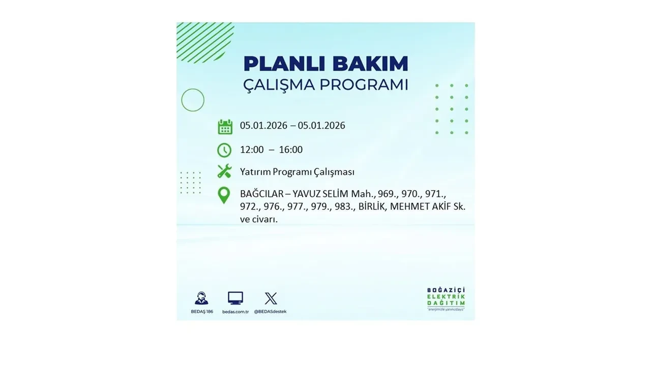 5 Ocak 2026 İstanbul elektrik kesintileri || Kent genelinde 11 ilçede planlı elektrik kesintisi uygulanacak: İstanbul’da elektrikler ne zaman gelecek?