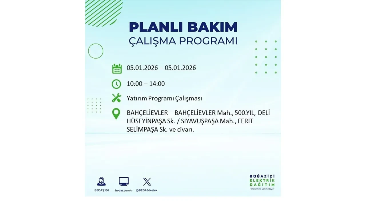 5 Ocak 2026 İstanbul elektrik kesintileri || Kent genelinde 11 ilçede planlı elektrik kesintisi uygulanacak: İstanbul’da elektrikler ne zaman gelecek?