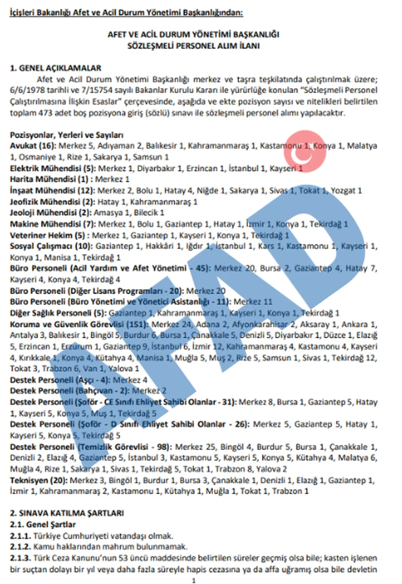 AFAD personel alımı 2026! AFAD 473 personel başvuru şartları, kadro dağılımı