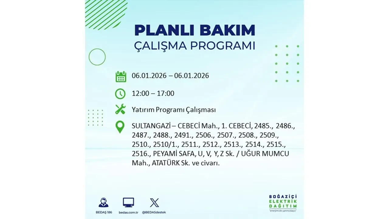 İstanbul’da büyük çaplı planlı elektrik kesintisi! 6 Ocak 2026 Salı günü hazırlıklı olun: 17 ilçede elektrikler kesilecek