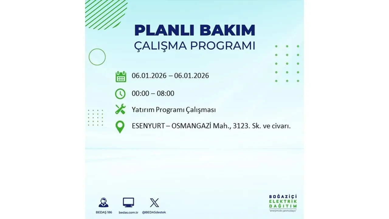 İstanbul’da büyük çaplı planlı elektrik kesintisi! 6 Ocak 2026 Salı günü hazırlıklı olun: 17 ilçede elektrikler kesilecek