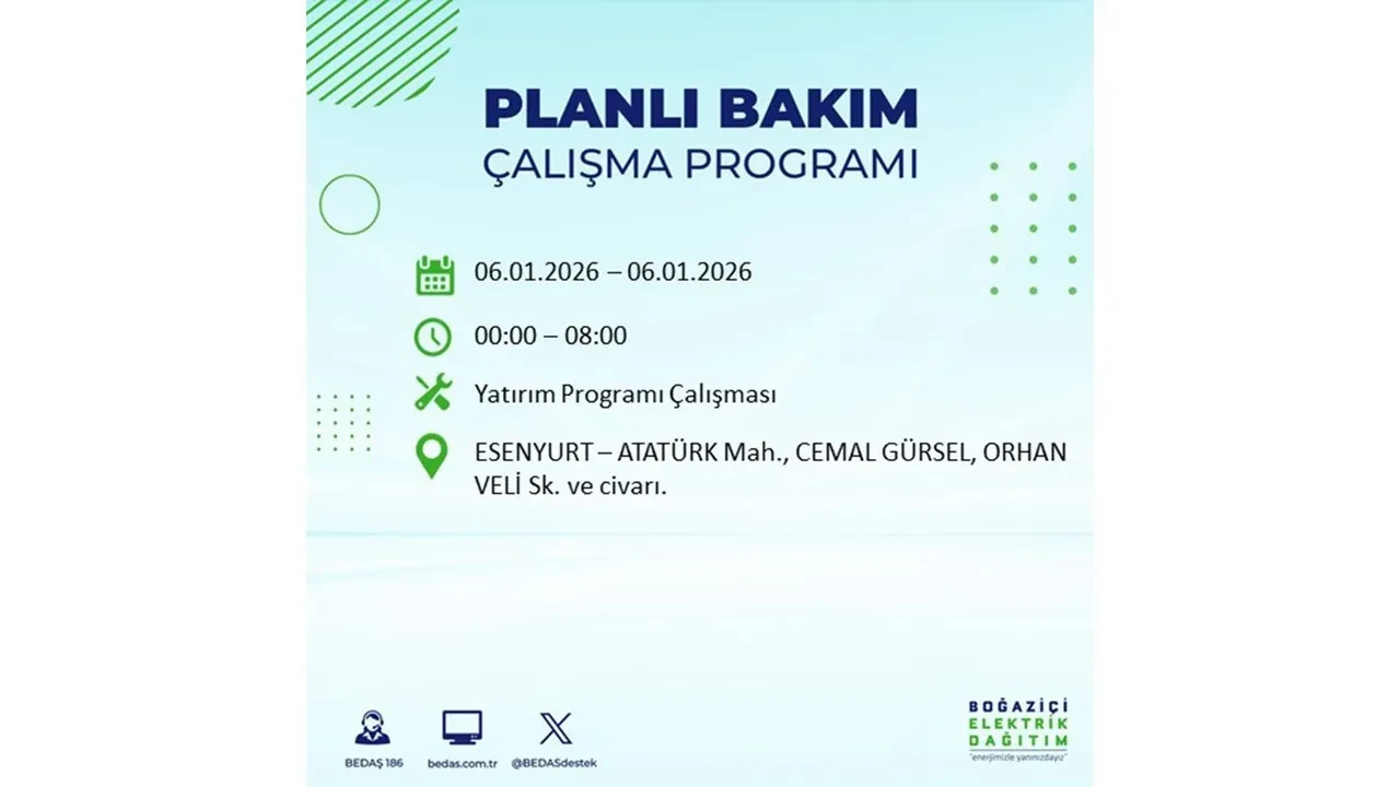 İstanbul’da büyük çaplı planlı elektrik kesintisi! 6 Ocak 2026 Salı günü hazırlıklı olun: 17 ilçede elektrikler kesilecek