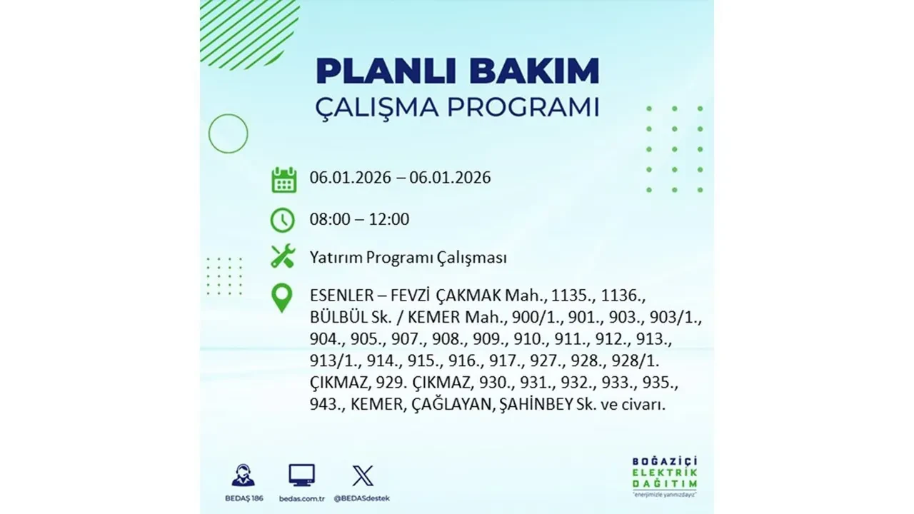 İstanbul’da büyük çaplı planlı elektrik kesintisi! 6 Ocak 2026 Salı günü hazırlıklı olun: 17 ilçede elektrikler kesilecek