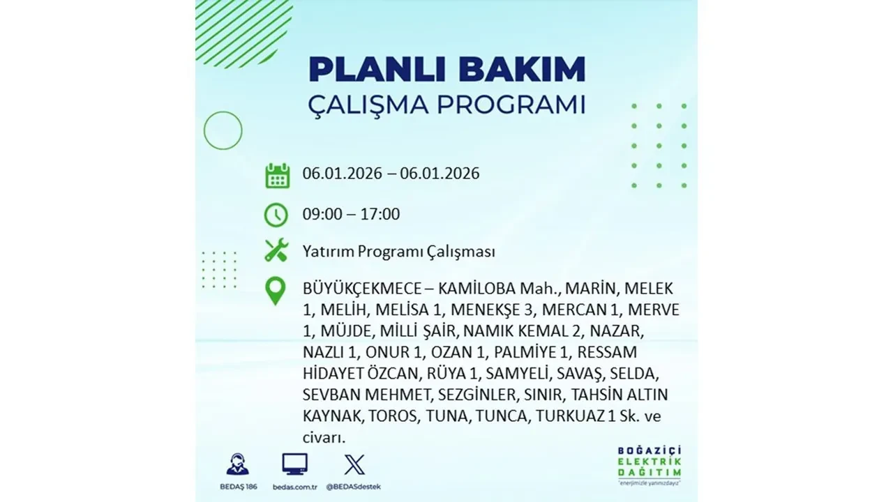 İstanbul’da büyük çaplı planlı elektrik kesintisi! 6 Ocak 2026 Salı günü hazırlıklı olun: 17 ilçede elektrikler kesilecek