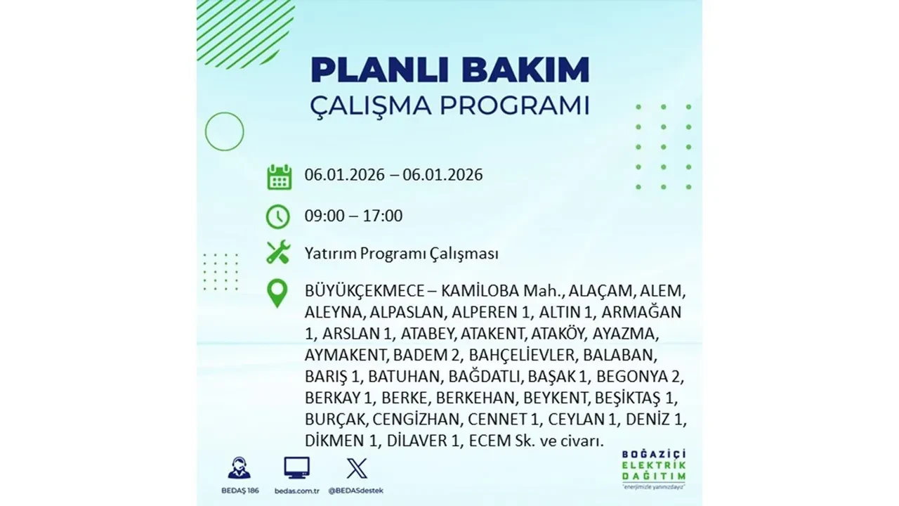 İstanbul’da büyük çaplı planlı elektrik kesintisi! 6 Ocak 2026 Salı günü hazırlıklı olun: 17 ilçede elektrikler kesilecek