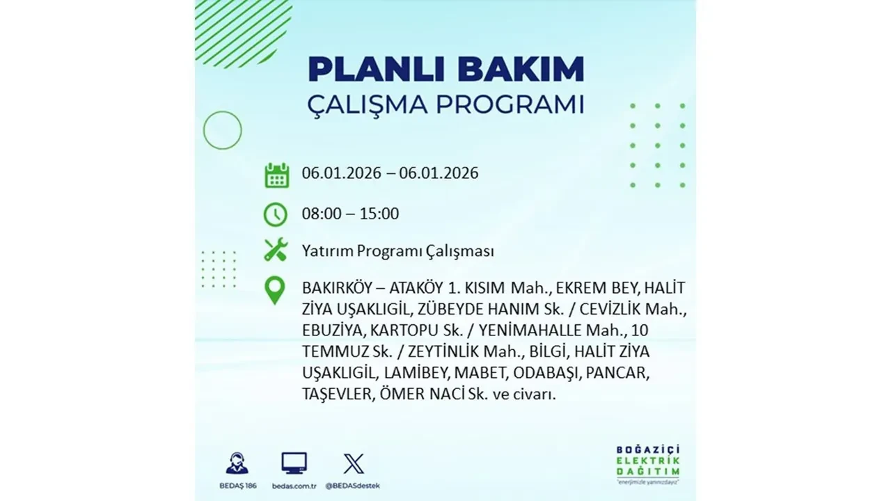 İstanbul’da büyük çaplı planlı elektrik kesintisi! 6 Ocak 2026 Salı günü hazırlıklı olun: 17 ilçede elektrikler kesilecek