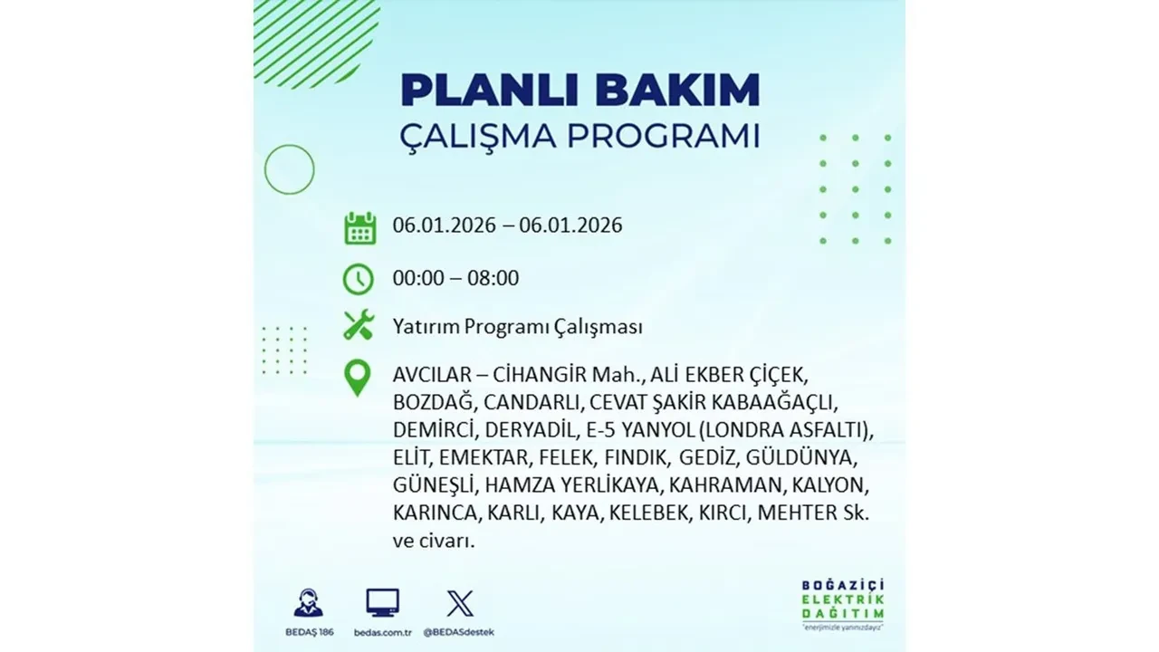İstanbul’da büyük çaplı planlı elektrik kesintisi! 6 Ocak 2026 Salı günü hazırlıklı olun: 17 ilçede elektrikler kesilecek