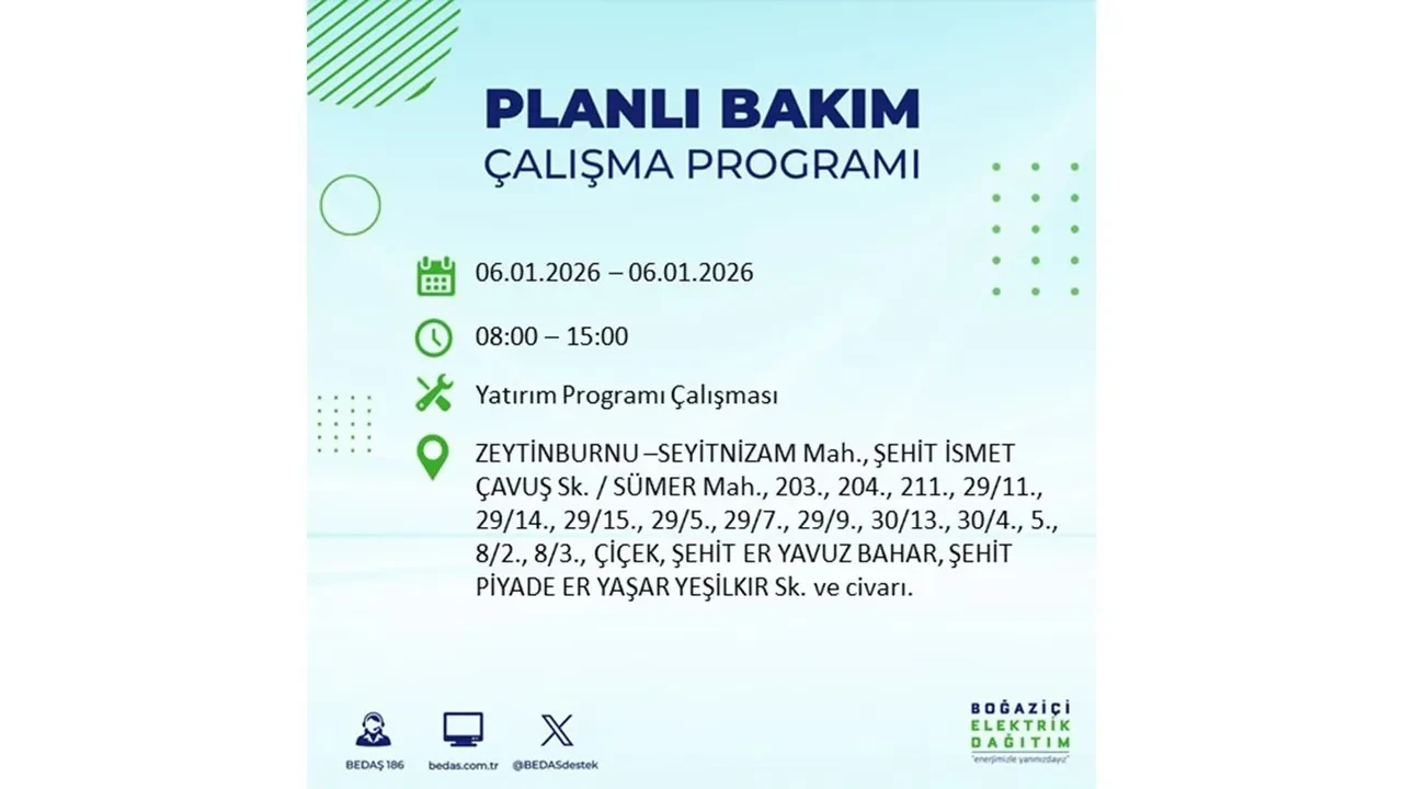 İstanbul’da büyük çaplı planlı elektrik kesintisi! 6 Ocak 2026 Salı günü hazırlıklı olun: 17 ilçede elektrikler kesilecek