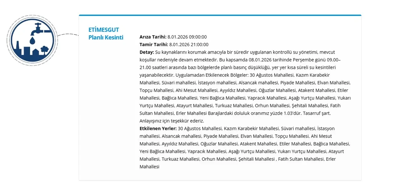 Ankara su kesintisi listesi 8-9 Ocak 2026: ASKİ Ankara’da sular ne zaman gelecek? 11 ilçede su kesintisi sürüyor