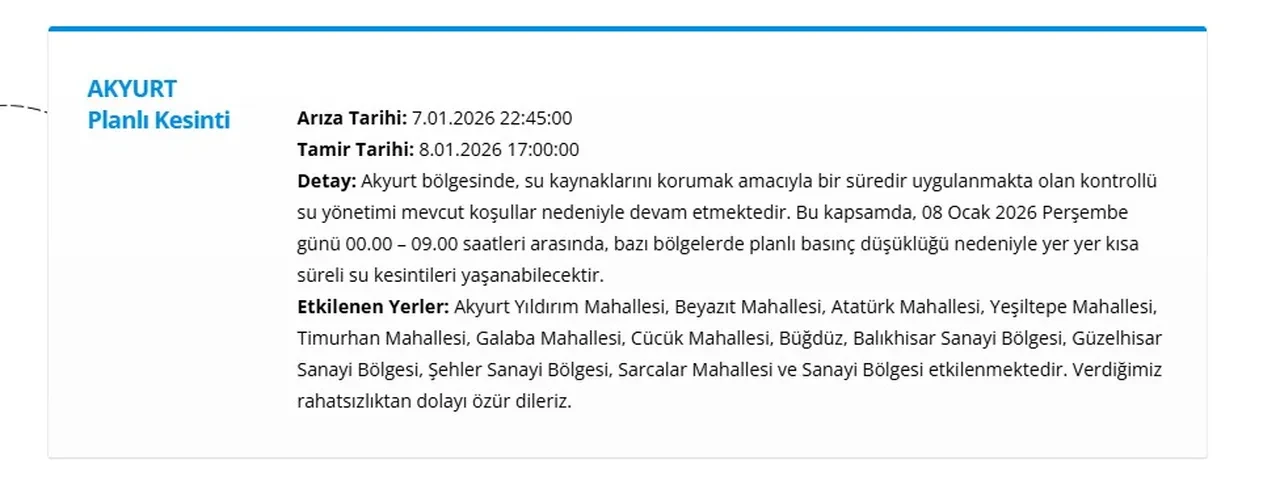 Ankara su kesintisi listesi 8-9 Ocak 2026: ASKİ Ankara’da sular ne zaman gelecek? 11 ilçede su kesintisi sürüyor