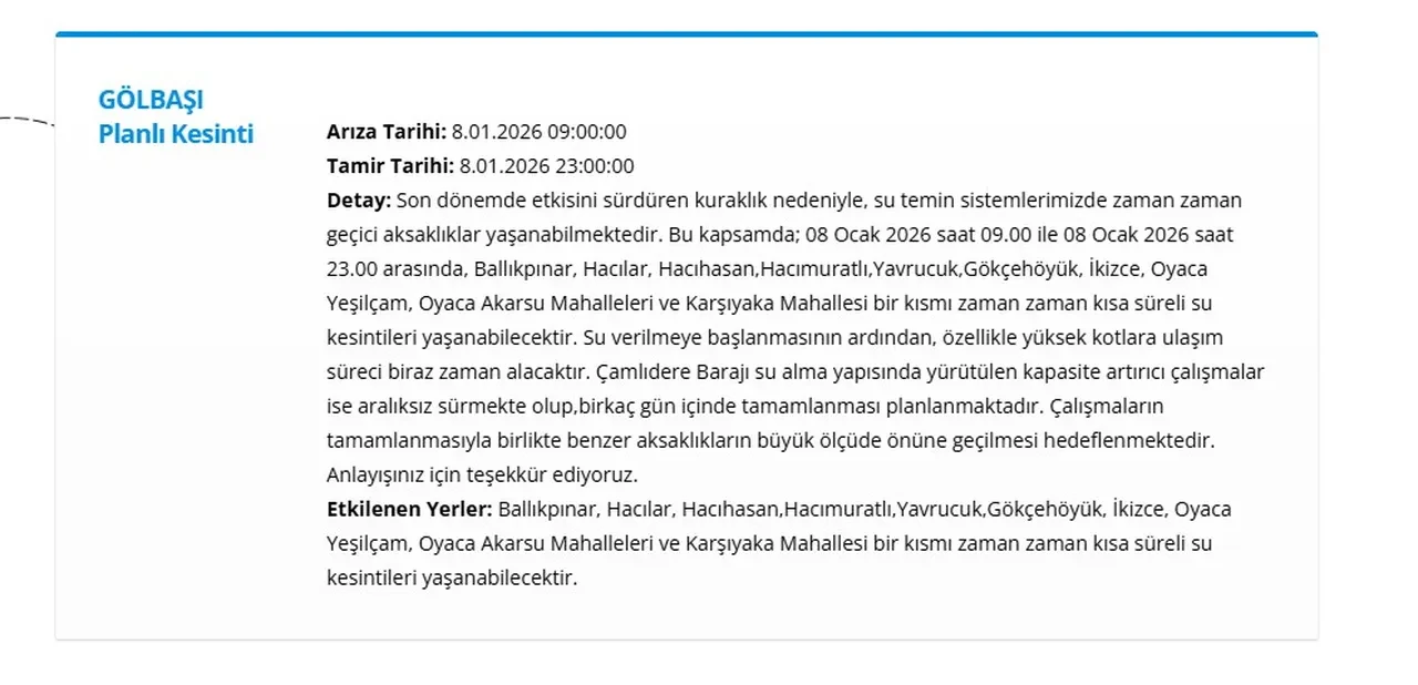 Ankara su kesintisi listesi 8-9 Ocak 2026: ASKİ Ankara’da sular ne zaman gelecek? 11 ilçede su kesintisi sürüyor