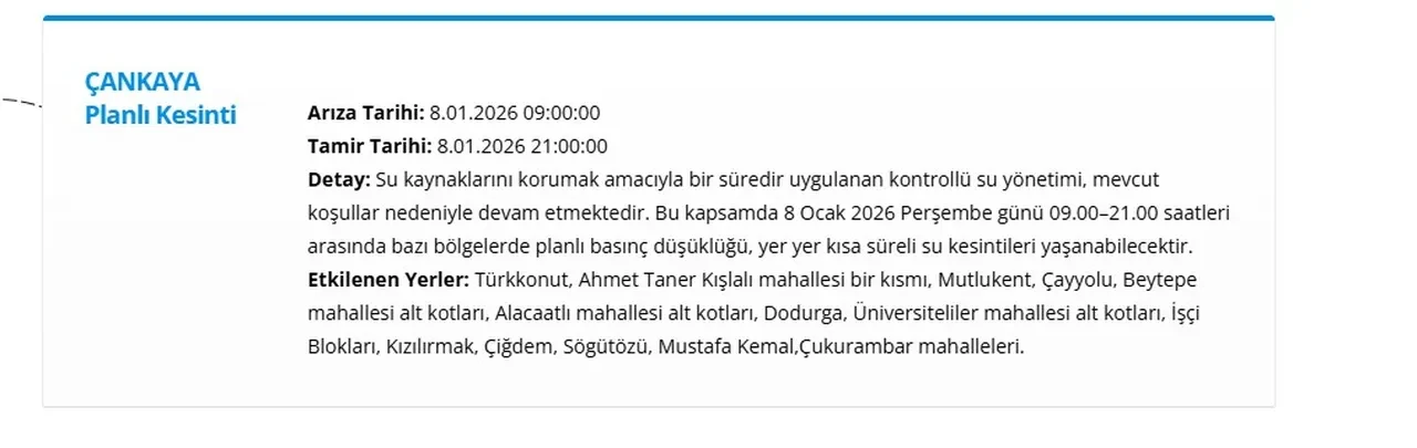 Ankara su kesintisi listesi 8-9 Ocak 2026: ASKİ Ankara’da sular ne zaman gelecek? 11 ilçede su kesintisi sürüyor