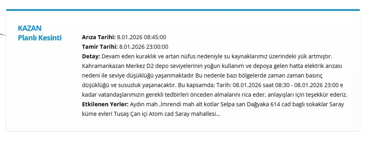 Ankara su kesintisi listesi 8-9 Ocak 2026: ASKİ Ankara’da sular ne zaman gelecek? 11 ilçede su kesintisi sürüyor