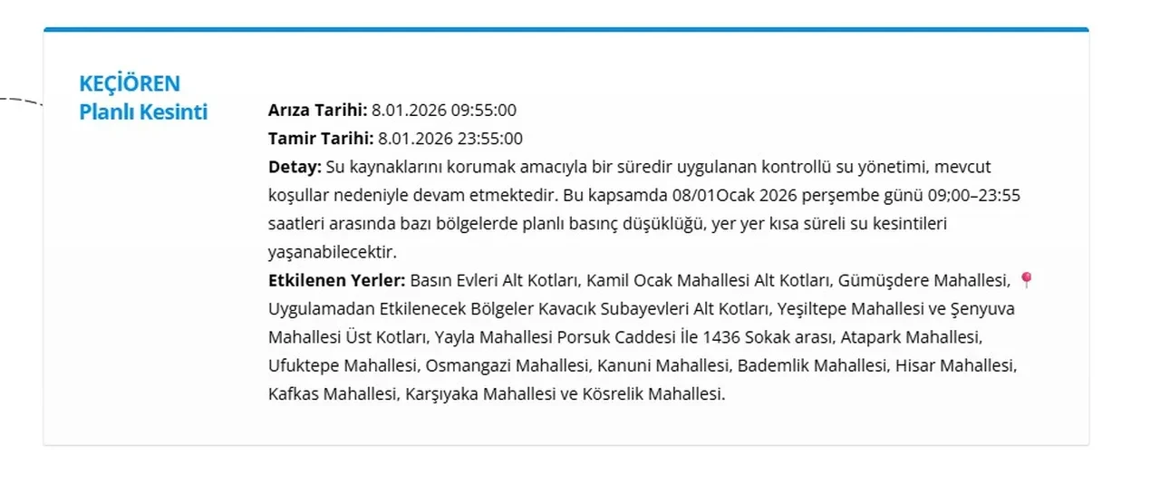 Ankara su kesintisi listesi 8-9 Ocak 2026: ASKİ Ankara’da sular ne zaman gelecek? 11 ilçede su kesintisi sürüyor