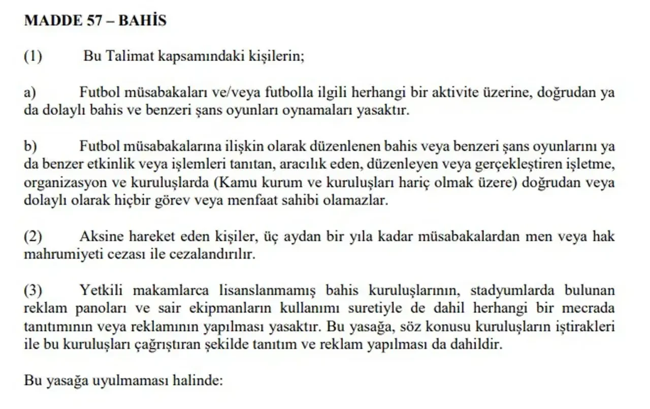 Bahisten PFDK'ya sevk edilen yöneticiler hangi cezaları alacak? İşte 57. maddenin tüm detayları