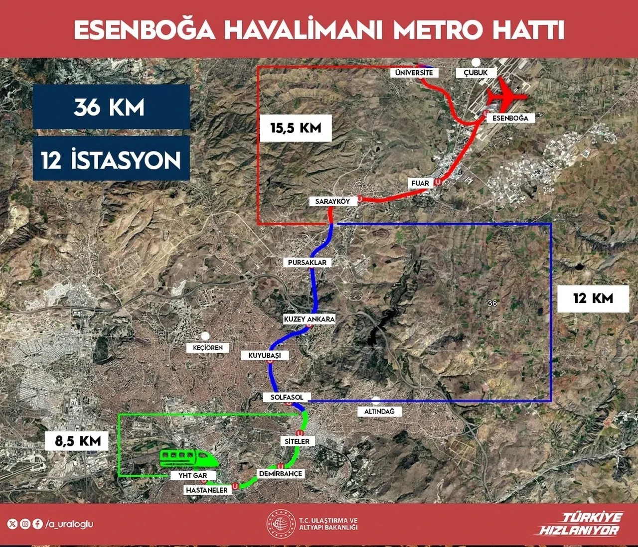 Bakan Uraloğlu duyurdu: YHT Gar-Esenboğa Havalimanı arası 36 kilometrelik raylı sistemle bağlanacak