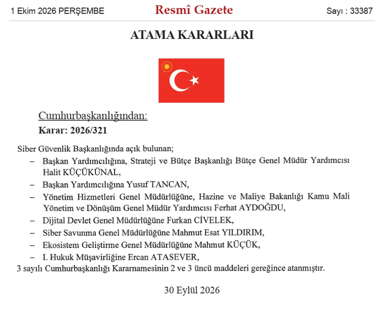 Cumhurbaşkanlığı Siber Güvenlik Başkanlığı’nda üst düzey atama kararları Resmi Gazete’de yayımlandı