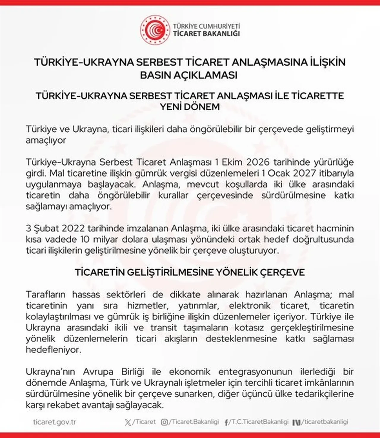 Ticaret Bakanlığı duyurdu: Türkiye-Ukrayna Serbest Ticaret Anlaşması yürürlüğe girdi, hedef 10 milyar dolar