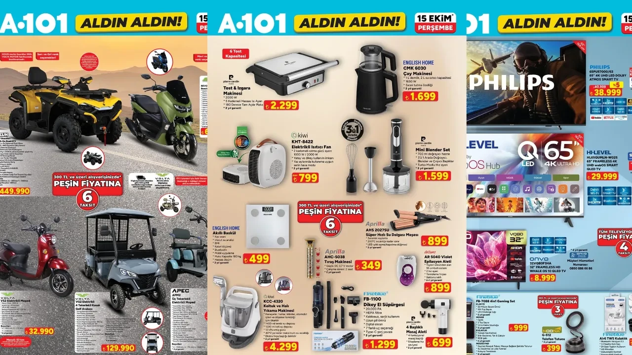 A101 15 Ekim aktüel ürünler kataloğu 2026! Para kasası, masaj aleti, dikey süpürge ve ATV geliyor.... 