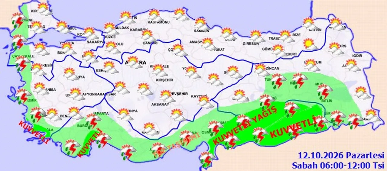 12 Ekim 2026 hava durumu | Meteoroloji saat vererek uyardı: Kuvvetli yağış geliyor, sıcaklıklar 4-6 derece düşecek